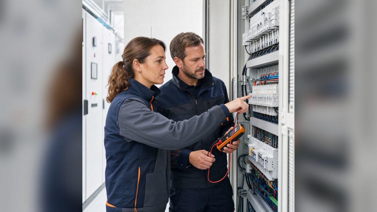 Zwei Elektrotechniker bei der Arbeit an einem Schaltschrank
